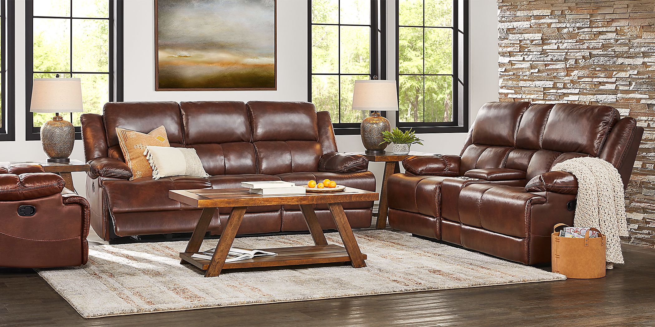 Rooms To Go Montefano Brown Leather 5 Pc Reclining Living Room